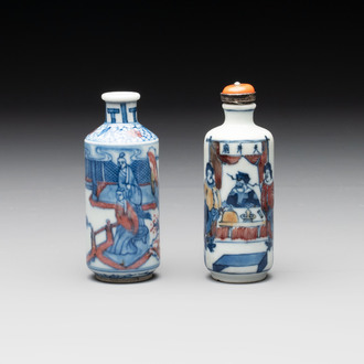Two Chinese blue, white and copper-red snuff bottles, Yongzheng marks, 19th C.