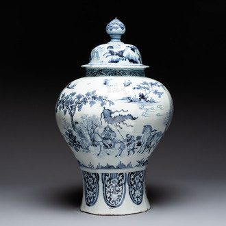 A large blue and white Dutch Delft chinoiserie vase and cover, late 17th C.