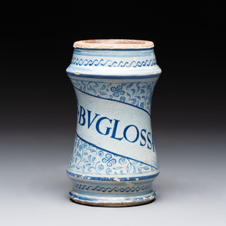 A blue and white Antwerp maiolica 'a foglie' albarello, mid 16th C.
