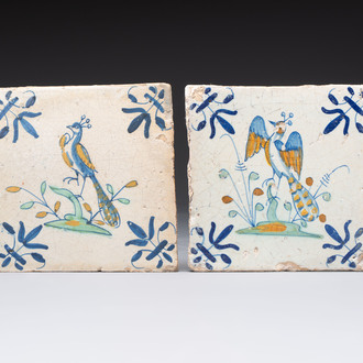 Two polychrome Dutch Delft 'peacock' tiles, 17th C.