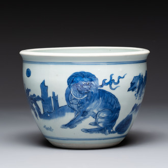 A Chinese blue and white 'Buddhist lion and elephant' scroll jar or jardinière, Transitional period