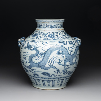 A fine Chinese blue and white 'dragon' vase with mythical-beast-shaped handles, probably Yuan