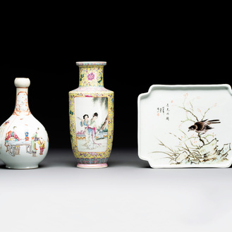 Two Chinese famille rose vases and a qianjiang cai tray, Qianlong mark, 18th C. and later