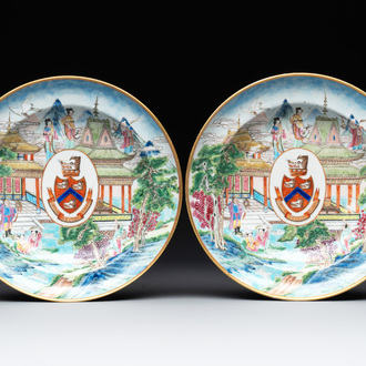 A pair of rare Chinese Canton famille rose armorial soup plates with the arms of Wight, ca. 1810