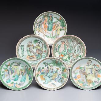 Six Chinese Canton famille verte plates with figural design, 19th C.
