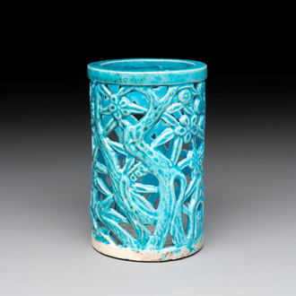 A Chinese turquoise-glazed reticulated brush pot, 18th C.