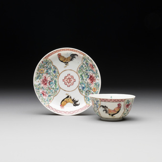 A fine Chinese famille rose 'rooster' cup and saucer, Yongzheng
