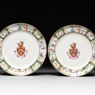 A pair of rare Chinese Canton famille rose armorial plates with the arms of Wight, ca. 1810