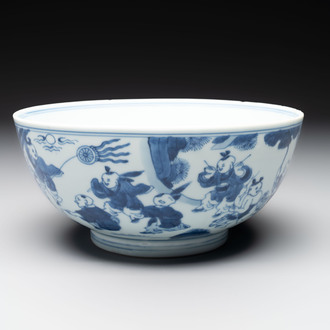 A Chinese blue and white '100 boys' bowl, Fu Lu Shou seal mark, Yongzheng