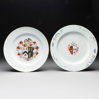 Two Chinese famille rose armorial dishes with the arms of Willes impaling Broster and the arms of Dobree impaling De Havilland, Yongzheng/Qianlong