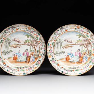 A pair of very fine Chinese Canton famille rose monogrammed plates, 19th C.
