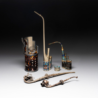 Three Chinese water pipes, two mouth pieces and a cloisonné opium box and cover, 19th C.