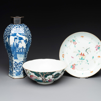 A Chinese famille rose bowl, a plate and a blue and white vase, Tongzhi mark and of the period