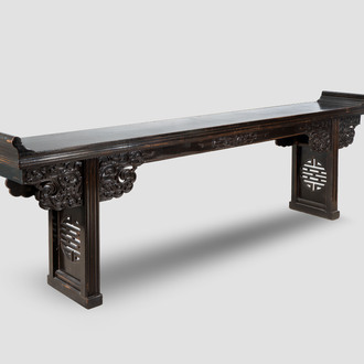 A massive Chinese red-and-black-lacquered altar table, 'qiaotouan', Qing