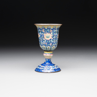A rare Chinese blue-ground Canton enamel chalice after a European silver example, Qianlong