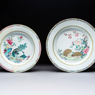 A Chinese famille rose 'quail' dish and a 'peacock' dish, Yongzheng