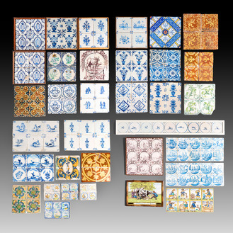 A collection of 172 mounted blue, white, polychrome and manganese tiles, The Netherlands, Flanders and Spain, 17th C. and later