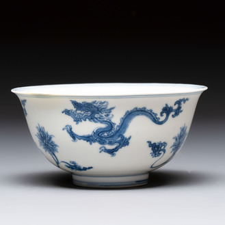 A Chinese blue and white 'dragon' bowl, Chenghua mark, Kangxi/Yongzheng