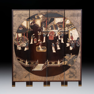 A Chinese coromandel lacquer four-panel folding screen with narrative and birds design, 20th C.