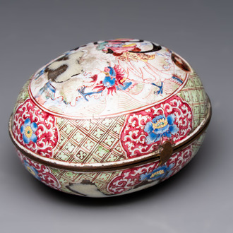 A Chinese Canton enamel 'Long Mu and a dragon' oval cosmetic box, 18th C.