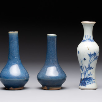 A pair of Chinese powder-blue vases and a blue and white 'Hatcher Cargo' vase, Transitional period