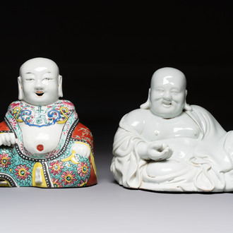 A Chinese famille rose Milefo Buddha and a white-glazed Milefo Buddha, 19th C.