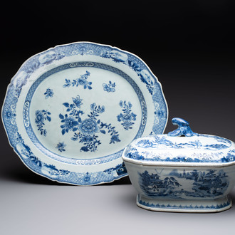 A Chinese blue and white covered tureen and a serving dish, Qianlong