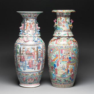 Two Chinese Canton famille rose vases with narrative design, 19th C.