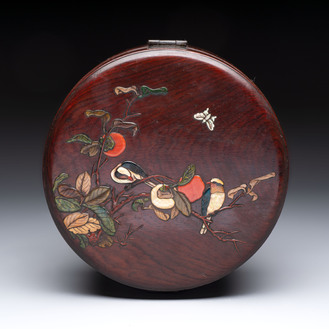A Chinese hardstone and mother-of-pearl embellished huanghuali box, 19th C.