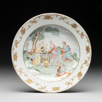 A Chinese famille rose 'Rebecca at the well' plate, Qianlong, ca. 1750