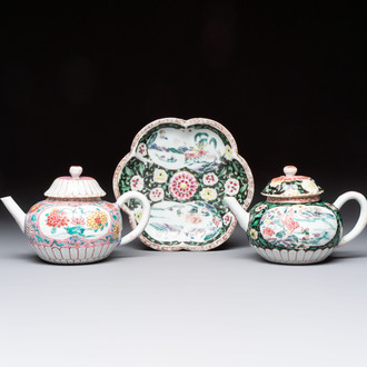 A Chinese famille rose teapot and stand, and a famille rose black-ground teapot, Yongzheng/Qianlong