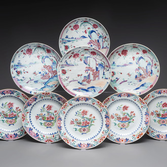 Four Chinese famille rose 'riverscape' plates and five 'flower basket' plates, Qianlong