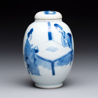 A Chinese blue and white 'ladies playing go' tea caddy and cover, Kangxi