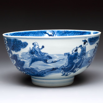 A Chinese blue and white 'Ba Xian Zhu Shou 八仙祝壽'  bowl, Shen De Tang Bo Gu Zhi 慎德堂博古製 mark, Kangxi
