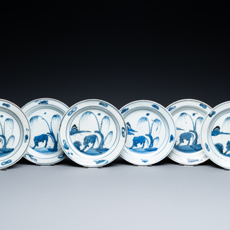 Six Chinese blue and white ko-sometsuke 'ox' plates for the Japanese market, late Ming