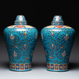 A pair of large Chinese cloisonné 'lotus scroll' 'meiping' vases and covers, Republic