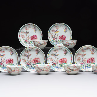 A set of six Chinese famille rose 'birds among flowering branches' cups and saucers, Yongzheng/Qianlong