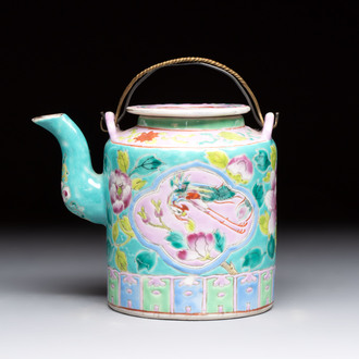 A Chinese famille rose turquoise-ground teapot for the Straits or Peranakan market, Zhong Hua Min Guo 中華民國 mark, Republic.