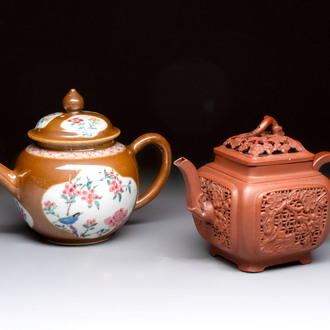 A Chinese famille rose capucin-brown-ground teapot and a Yixing stoneware teapot, Kangxi/Qianlong