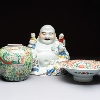 A Chinese famille rose Milefo Buddha, a famille verte jar, and a conical bowl, Zhu Mao Ji 朱茂記造 mark, 19/20th C.
