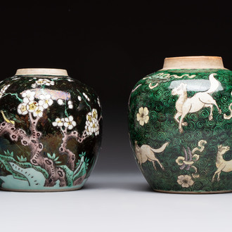 A Chinese famille noire 'prunus blossom' jar and a famille verte 'flying horses' jar, 19th C.