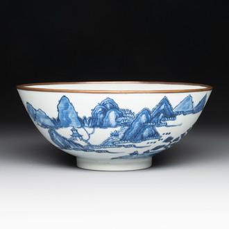 A Chinese blue and white 'Bleu de Hue' bowl with the Hai Van mountains for the Vietnamese market, Thanh Ngoan mark for Nguyen Phuc Chu, Kangxi