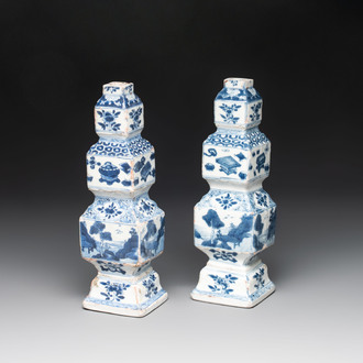 A pair of Chinese blue and white triple-gourd square vases, Kangxi