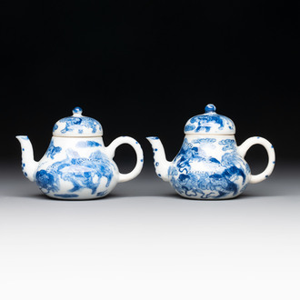 A pair of Chinese blue and white 'Buddhist lion' teapots and covers, Nan Ting Chang Ji 南亭昌記 mark, 19th C.