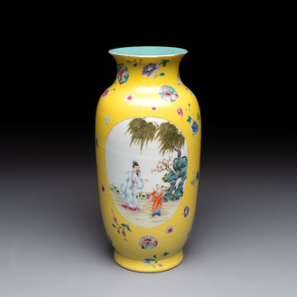 A Chinese famille rose yellow-ground sgraffiato vase, Qianlong mark, Republic