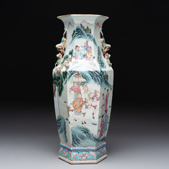 A Chinese Canton famille rose hexagonal vase with narrative design, 19th C.