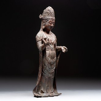 A fine and large Chinese bronze standing Buddha, Liao/Jin