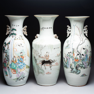 Three Chinese famille rose vases, signed Mao Zirong 毛子榮, Yang Qingshan 楊青山 and Liu Jishun 劉吉順, 19/20th C.