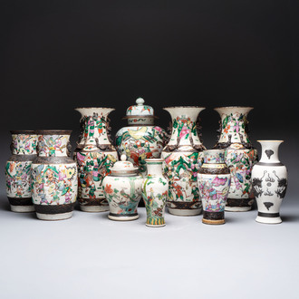 Ten Chinese Nanking famille rose and verte vases, 19/20th C.