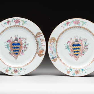 A pair of Chinese famille rose armorial soup plates with the arms of Longden for the English market, Qianlong, ca. 1748